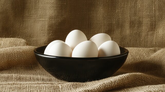 Five white eggs in a black bowl on burlap fabric. - Powered by Adobe