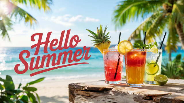 Refreshing hello summer cocktails with pineapple and citrus garnishes on a rustic wooden table with a tropical beach and ocean backdrop