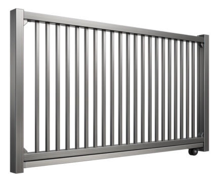 Aluminum sliding gate for an apartment complex's parking area, with vertical bars and an automatic opening system.