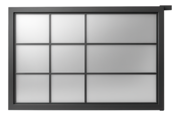 Modern sliding gate for an urban residential building, featuring frosted glass panels within a minimalist steel frame.