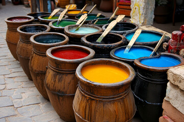 Naklejka premium Fabrics being dyed in colorful vats at a dyeing workshop