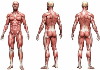 Human male anatomy showing muscles from front and back isolated on white background