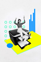 Pop collage of young person raise gadget win on copier white color background