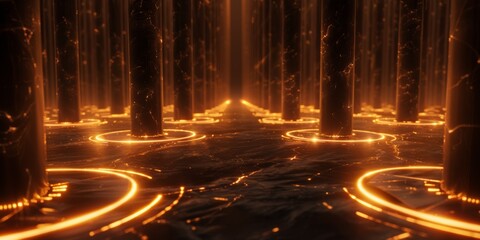 Glowing circles of light surround tall pillars in a dark, abstract setting, creating a captivating visual experience