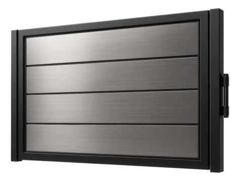 Customizable sliding gate for a modern apartment complex, allowing for personalized color and finish options.