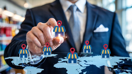 Businessman s hand selecting a store location on a digital world map with multiple franchise branches spread across the globe