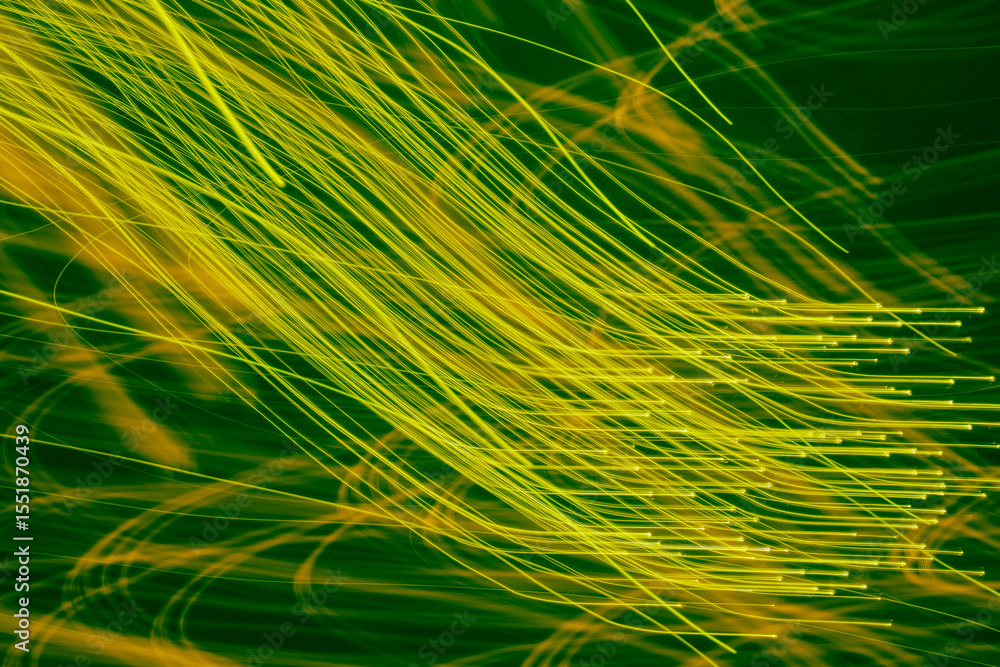 Poster dynamic green and yellow light trails create an ethereal digital abstract