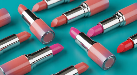 Colorful lipsticks arranged artistically on vibrant turquoise background, showcasing various shades and 3D effects
