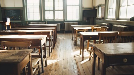 Abandoned Vintage Classroom with Sunlit Wooden Desks and Empty Chairs, Retro School Interior Featuring Distressed Wood Texture and Atmospheric Natural Lighting, Copy Space