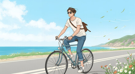 Naklejka premium Young man riding a bicycle, feeling carefree, along a scenic beach road with ocean background