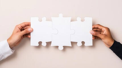 Team members holding pieces of strategy puzzle, clean collaboration image