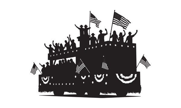 Silhouette of people on parade float waving flags in patriotic celebration