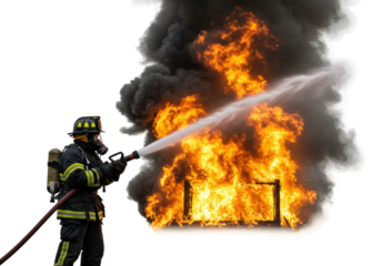 Firefighter battling blaze at residential structure action shot urban environment dramatic viewpoint