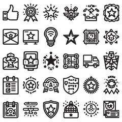 set3: A set of linear vector icons representing achievement, award, recognition, and success. This editable stroke icon collection includes medals, trophies, stars, certificates,