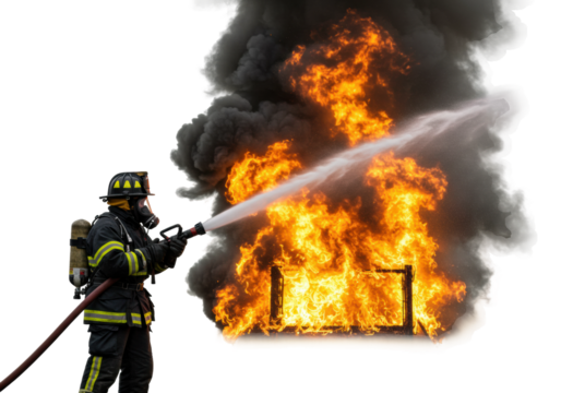 Firefighter battling blaze at residential structure action shot urban environment dramatic viewpoint