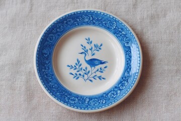antique china plate with crane motif displayed on textured fabric