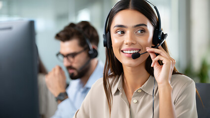 Smiling Customer Service Representative Wearing Headset, Professional Call Center Agent, Modern Office Setting, Friendly and Helpful.