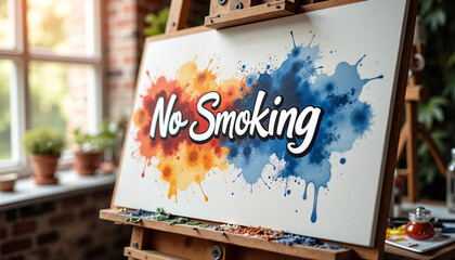 Warning sign 'No Smoking' displayed on easel with colorful splashes  