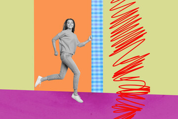 Full 3d poster art photo collage of happy businesswoman businessman run geometric figure...