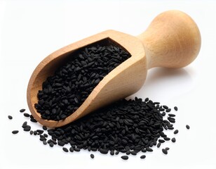 Culinary black caraway seeds in wooden scoop, nutritional ingredient on white background