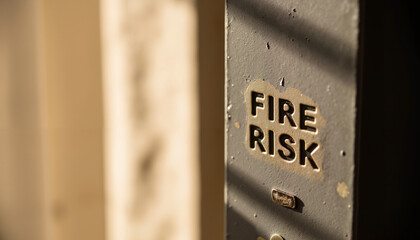 Warning sign 'Fire Risk' on metal surface in sunlight  