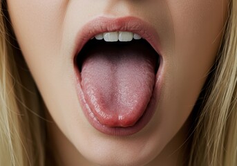 A womans open mouth shows her tongue and teeth in a closeup shot
