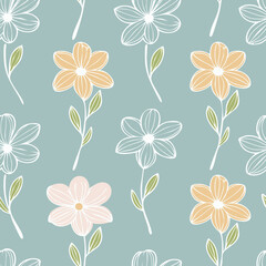 Hand-drawn Floral Seamless Pattern with Daisies and Leaves – Vintage Botanical Design