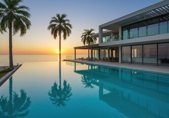 Modern villa with infinity pool and palm trees at sunset over the ocean