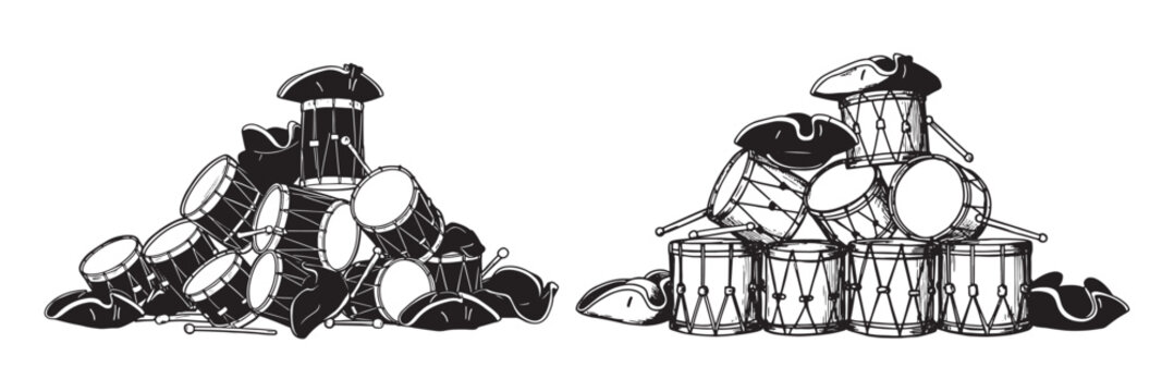 Pile of marching drums used in patriotic parades and independence events