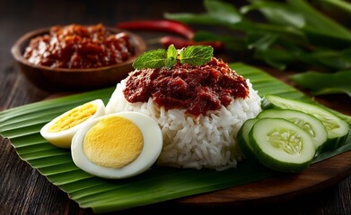 Malaysian nasi lemak daun pisang, aromatic rice, rich sambal, hard-boiled eggs, and fresh cucumber slices on a banana leaf