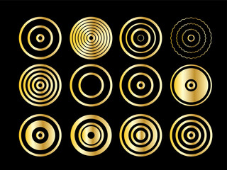Gold Ring Round Shape Set. Vintage Golden Gradient Texture Circle Geometric Shape. Retro Style Decoration Element Contour Outline. Goldy Frame Button Shape Symbol Collection
