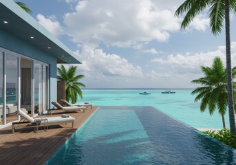 Fototapeta premium Infinity pool overlooks the turquoise ocean at a tropical villa with palm trees