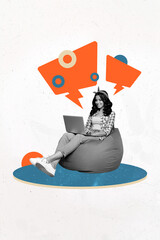 Poster trend sketch template 3D photo collage of young woman smile work laptop app messenger sit...