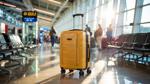 A bright yellow suitcase stands alone in a modern airport terminal with people and sunlight in the background - Powered by Adobe