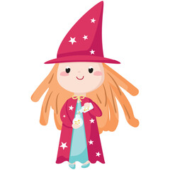 Vector enchantress. Cartoon girl character wearing pretty hat, costume preparing potion illustration. Isolated female fantasy fairytale sorcerer. Child in halloween dress on white background