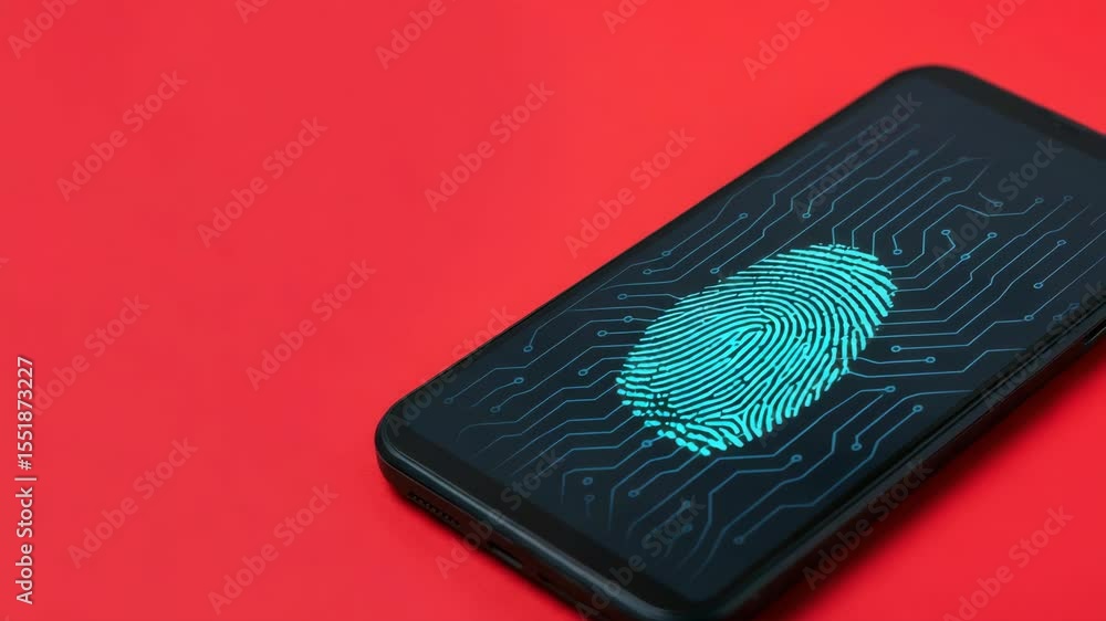 Poster smartphone with fingerprint scan on screen against red background
