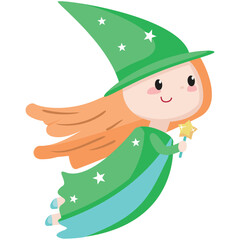 Cute enchantress flying vector. Cartoon girl character wearing pretty hat, costume holding magic wand illustration. Isolated female fantasy fairytale sorcerer on white background