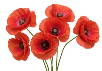 Six red poppy flowers isolated on white background