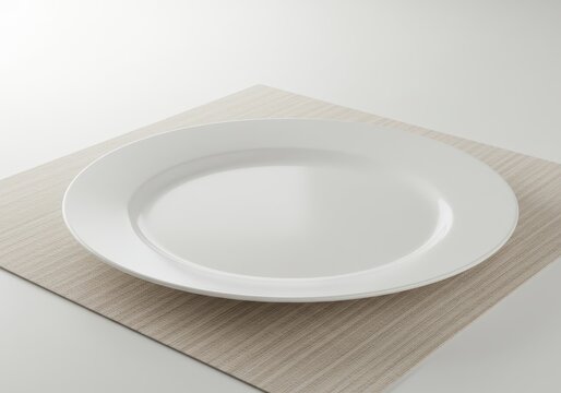 Empty white plate on a beige woven placemat on a clean table