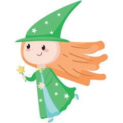 Cute enchantress with magic wand vector. Cartoon character wearing pretty hat, costume icon illustration. Magical fairytale sorcerer child moving isolated on white background