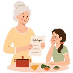 Elderly woman teaching recipe. Grandmother cooking with grandchildren. Family tradition and senior wisdom in kitchen. Senior sharing old family recipe with kids. Elderly set