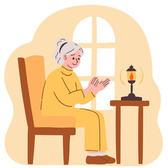 Elderly woman relaxing with candle. Cozy senior moment at home with candlelight. Retired woman resting in warm evening light. Relaxation and calm for older adult indoors. Elderly set