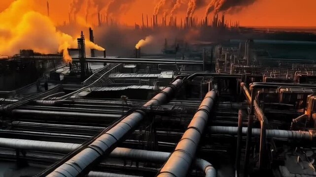Industrial landscape with factories and smoking chimneys at sunset, applicable in environmental and industrial articles.
