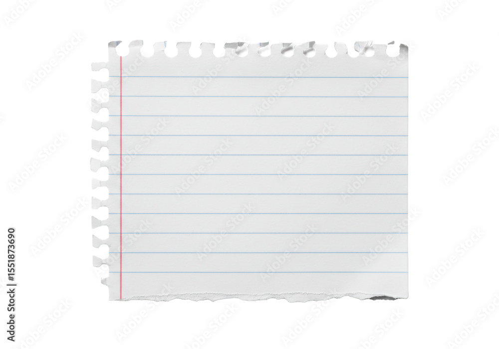 Poster white notebook paper with blue horizontal lines and a red vertical line, authentically ripped edges 