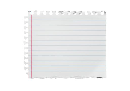 white notebook paper with blue horizontal lines and a red vertical line, authentically ripped edges showing natural tears and visible fibers, on a transparent background, even studio lighting,