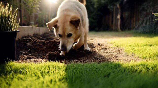 Playful dog digging vigorously through garden soil, tail wagging, revealing muddy paws during sunny afternoon