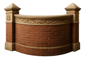 Curved brick fence with ornate detailing, enhancing the entrance of a historic estate.