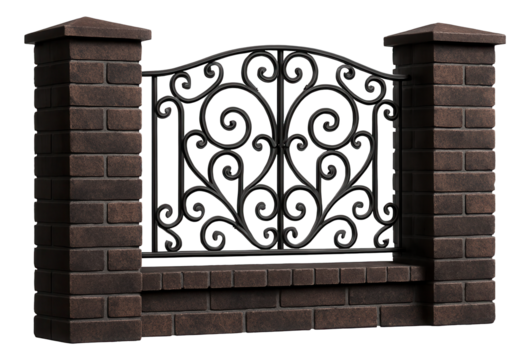 Brick fence with wrought iron inserts, elegant and secure for a city apartment complex.