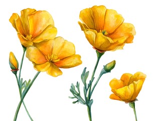 Naklejka premium Vibrant Watercolor Flower Set: A collection of beautiful yellow flowers with intricate details, perfect for adding a touch of nature's beauty to any project