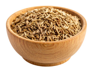 Aromatic caraway seeds presented in a rustic wooden bowl for culinary use on transparent background